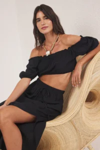 TRENDYOLMİLLA beachwear Black Weaving Midi High Waist Blouse-Skirt Set