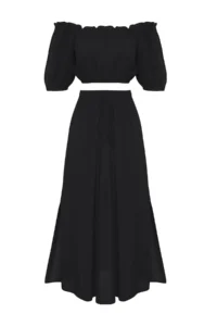 TRENDYOLMİLLA beachwear Black Weaving Midi High Waist Blouse-Skirt Set - Image 5