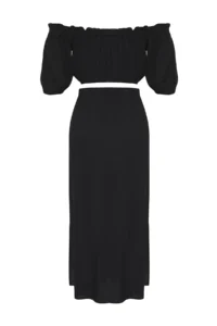 TRENDYOLMİLLA beachwear Black Weaving Midi High Waist Blouse-Skirt Set - Image 6