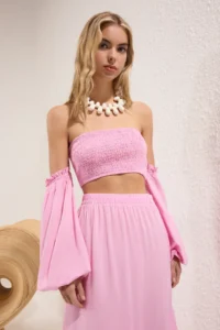 TRENDYOLMİLLA Pink Weaving Gipelli Maxi Beach High Waist Blouse-Skirt Set - Image 2