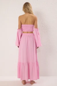 TRENDYOLMİLLA Pink Weaving Gipelli Maxi Beach High Waist Blouse-Skirt Set - Image 4