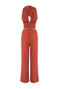 TRENDYOLMİLLA Brick Rejection Weaving Low-cut back Beach Blouse-Pants Set - Image 6