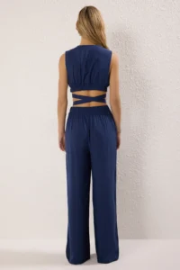 TRENDYOLMİLLA Navy Blue Weaving Binding Detailed Beach High Waist Blouse-Pants Set - Image 4