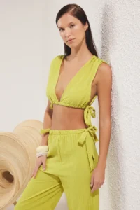 TRENDYOLMİLLA Oil Green Weaving Binding Detailed Beach High Waist Blouse-Pants Set