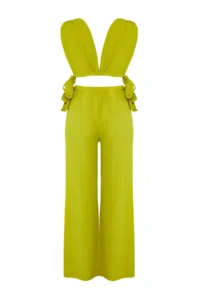 TRENDYOLMİLLA Oil Green Weaving Binding Detailed Beach High Waist Blouse-Pants Set - Image 7