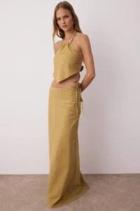 TRENDYOLMİLLA beachwear Khaki Weaving Binding Detailed High Waist Blouse-Skirt Set