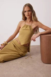 TRENDYOLMİLLA beachwear Khaki Weaving Binding Detailed High Waist Blouse-Skirt Set - Image 2