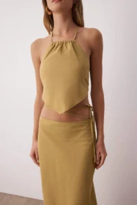 TRENDYOLMİLLA beachwear Khaki Weaving Binding Detailed High Waist Blouse-Skirt Set - Image 3