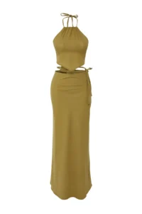 TRENDYOLMİLLA beachwear Khaki Weaving Binding Detailed High Waist Blouse-Skirt Set - Image 5
