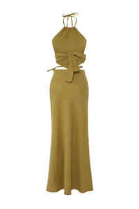 TRENDYOLMİLLA beachwear Khaki Weaving Binding Detailed High Waist Blouse-Skirt Set - Image 6