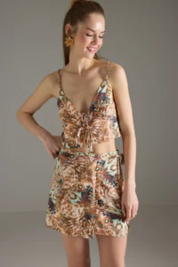 TRENDYOLMİLLA Abstract Patterned Weaving Binding Detailed Beach Blouse-Skirt Set - Image 3