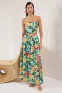 TRENDYOLMİLLA Tropical Patterned Weaving slit Beach Blouse-Skirt Set - Image 2