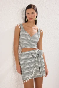 TRENDYOLMİLLA Striped Weaving Tassel Beach Mini High Waist Blouse-Skirt Set