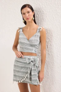 TRENDYOLMİLLA Striped Weaving Tassel Beach Mini High Waist Blouse-Skirt Set - Image 2