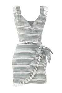 TRENDYOLMİLLA Striped Weaving Tassel Beach Mini High Waist Blouse-Skirt Set - Image 5