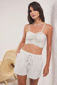 TRENDYOLMİLLA Ecru Weaving Shirred 100% Cotton Beach Blouse-Shorts Set