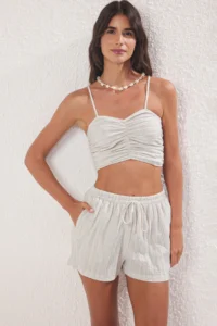 TRENDYOLMİLLA Ecru Weaving Shirred 100% Cotton Beach Blouse-Shorts Set - Image 2