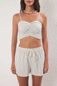 TRENDYOLMİLLA Ecru Weaving Shirred 100% Cotton Beach Blouse-Shorts Set - Image 3