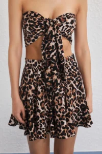 TRENDYOLMİLLA Leopard Patterned Weaving Binding Detailed Beach Blouse-Skirt Set - Image 3
