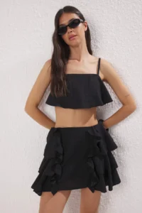 TRENDYOLMİLLA Black Weaving Frilly 100% Cotton Beach Blouse-Skirt Set - Image 2