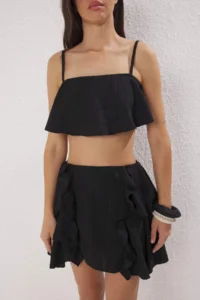 TRENDYOLMİLLA Black Weaving Frilly 100% Cotton Beach Blouse-Skirt Set - Image 3