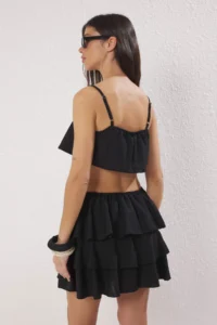 TRENDYOLMİLLA Black Weaving Frilly 100% Cotton Beach Blouse-Skirt Set - Image 4