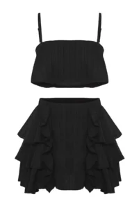 TRENDYOLMİLLA Black Weaving Frilly 100% Cotton Beach Blouse-Skirt Set - Image 5