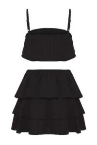 TRENDYOLMİLLA Black Weaving Frilly 100% Cotton Beach Blouse-Skirt Set - Image 6