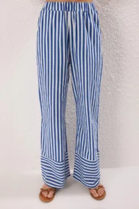 TRENDYOLMİLLA Mavi Striped Weaving 100% Cotton Beach Blouse-Pants Set - Image 3