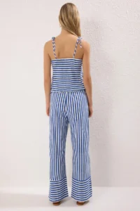 TRENDYOLMİLLA Mavi Striped Weaving 100% Cotton Beach Blouse-Pants Set - Image 4