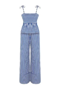 TRENDYOLMİLLA Mavi Striped Weaving 100% Cotton Beach Blouse-Pants Set - Image 5