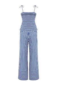TRENDYOLMİLLA Mavi Striped Weaving 100% Cotton Beach Blouse-Pants Set - Image 6