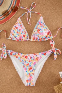 TRENDYOLMİLLA Floral Patterned striped Triangle Covered Regular Regular Waist Bikini Set - Image 5