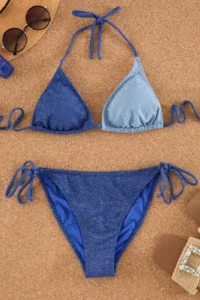 TRENDYOLMİLLA Mavi Color Bloklu Triangle Covered Regular Low Waist Bikini Set - Image 5