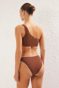 TRENDYOLMİLLA Brown Embroidered One Shoulder Covered Regular Regular Waist Bikini Set - Image 5