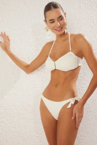 TRENDYOLMİLLA Ecru Frilly Strapless Covered Regular Regular Waist Bikini Set - Image 2