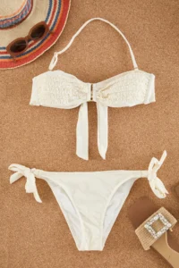 TRENDYOLMİLLA Ecru Frilly Strapless Covered Regular Regular Waist Bikini Set - Image 5
