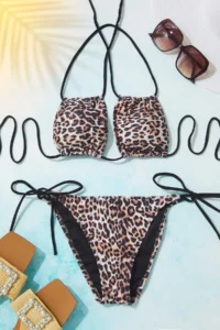 TRENDYOLMİLLA Leopard Patterned Cut Out Detailed Strapless Covered Regular Regular Waist Bikini Set
