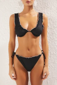 TRENDYOLMİLLA Black Frilly Triangle Covered Regular Regular Waist Bikini Set - Image 3