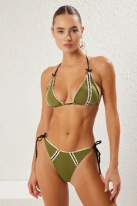 TRENDYOLMİLLA Khaki striped Triangle Covered Regular Regular Waist Bikini Set - Image 3