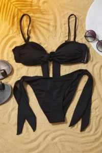 TRENDYOLMİLLA Black tied up Strapless Covered brazilian High Waist Bikini Set