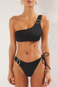 TRENDYOLMİLLA Black with accessories One Shoulder Covered Regular Regular Waist Bikini Set - Image 3