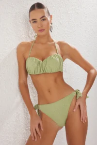 TRENDYOLMİLLA Oil Green Draped Strapless Covered Regular Regular Waist Bikini Set