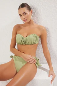 TRENDYOLMİLLA Oil Green Draped Strapless Covered Regular Regular Waist Bikini Set - Image 2