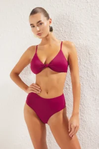 TRENDYOLMİLLA Plum Knotted Triangle Covered Regular High Waist Bikini Set - Image 2