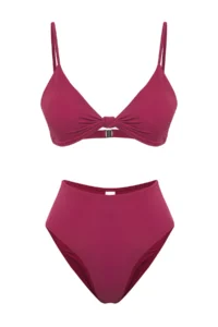 TRENDYOLMİLLA Plum Knotted Triangle Covered Regular High Waist Bikini Set - Image 6