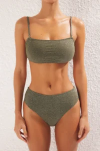 TRENDYOLMİLLA Khaki Strapless Covered Regular High Waist Bikini Set - Image 3