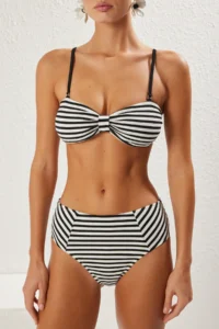 TRENDYOLMİLLA Striped Strapless Covered hipster High Waist Bikini Set - Image 4