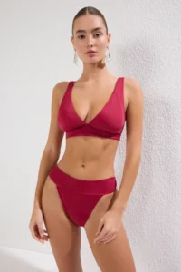 TRENDYOLMİLLA Burgundy Triangle Covered Regular High Waist Bikini Set