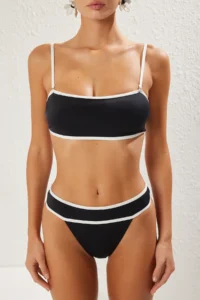TRENDYOLMİLLA Black-White Color Bloklu Strapless Covered Regular High Waist Bikini Set - Image 3